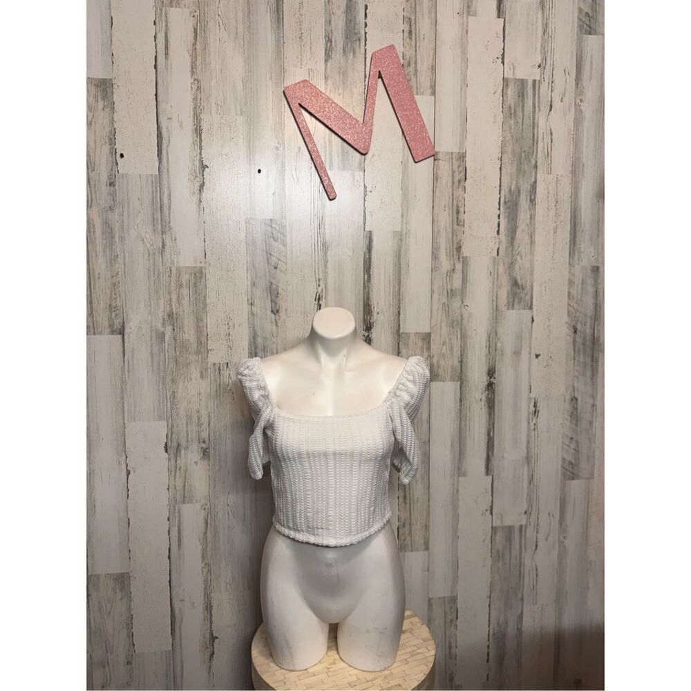 Poof New York White Smocked Crop Top M Boho Cottagecore Puff Sleeve